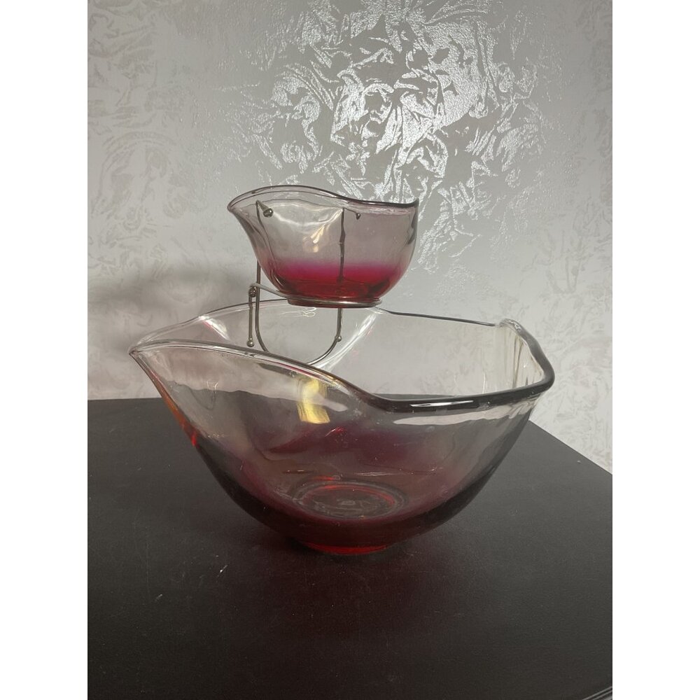 Vintage Indiana Glass Clear And Ruby Red Chip And Dip Salad Bowl SetMid-Century